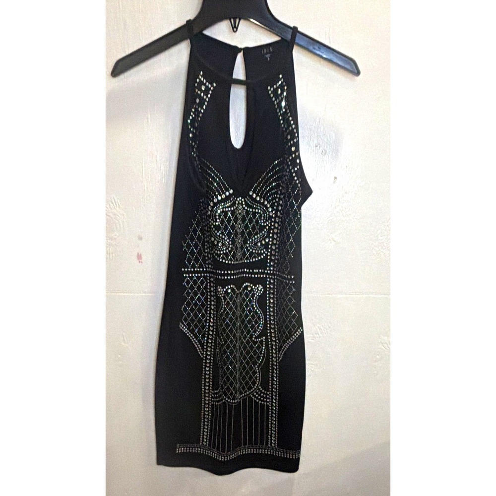 IRIS Sz S Black Rhinestone Halter Cutout Bodycon Mini Dress Sleeveless